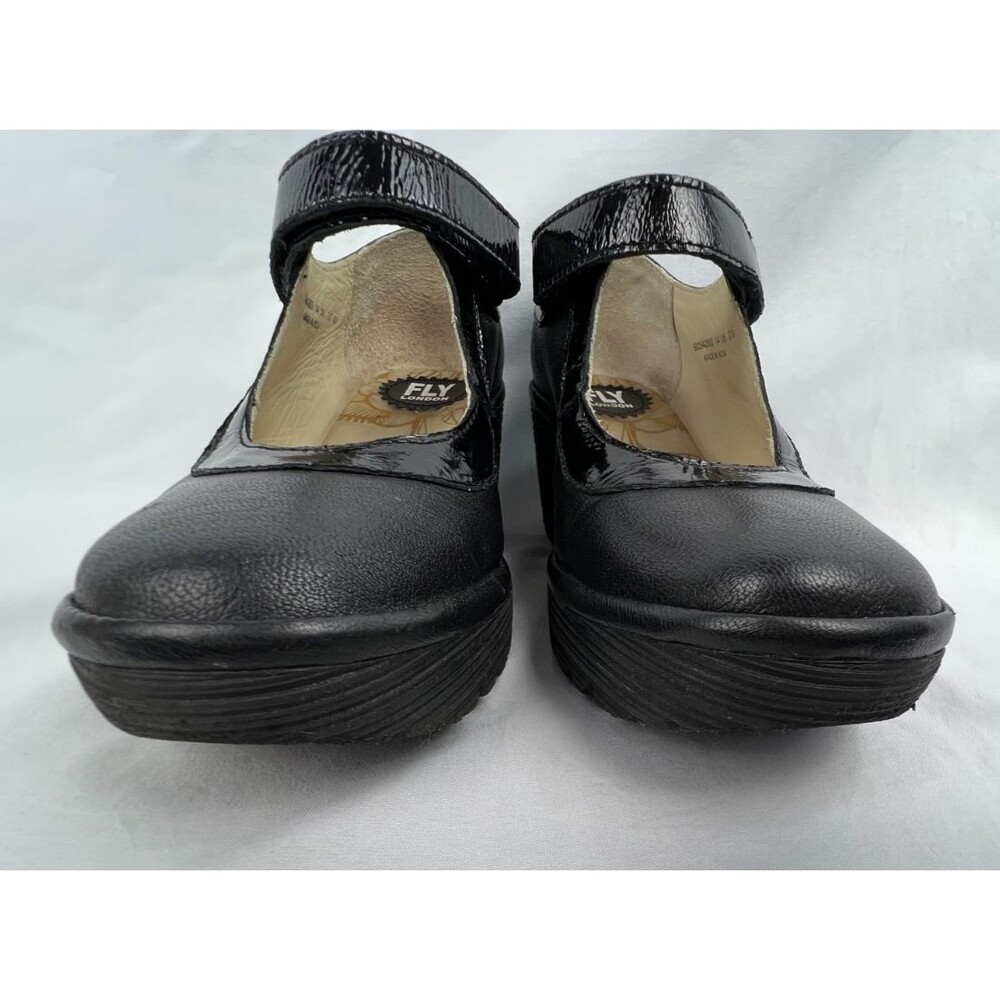 FLY LONDON Mary Jane Wedge Shoes Women's US 7 Black Leather Hook & Loop - Picture 4 of 13